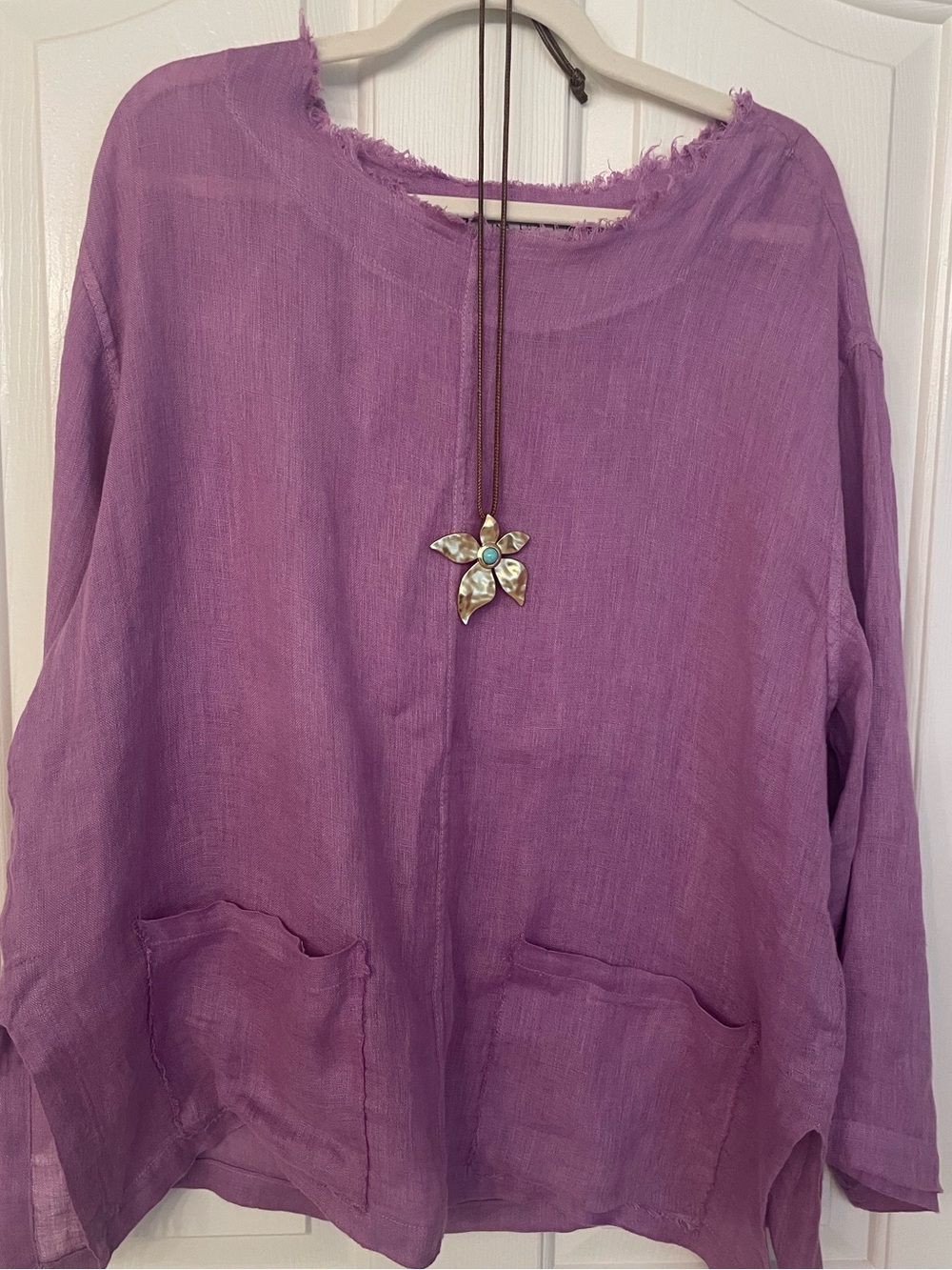 Luna Luz Tunic Top Women Lavender Lagenlook Oversized 100% Linen Raw Edge Pocket